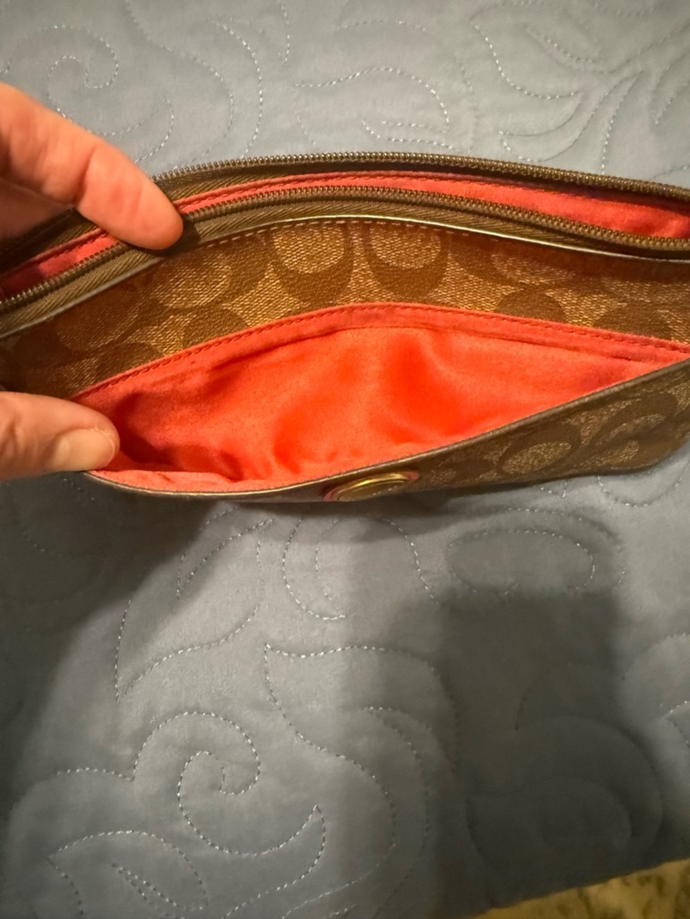 Coach Tan Signature Canvas Zip Wallet with Orange Trim - Picture 4 of 6